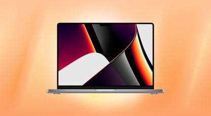 An Apple MacBook is displayed against an orange background.