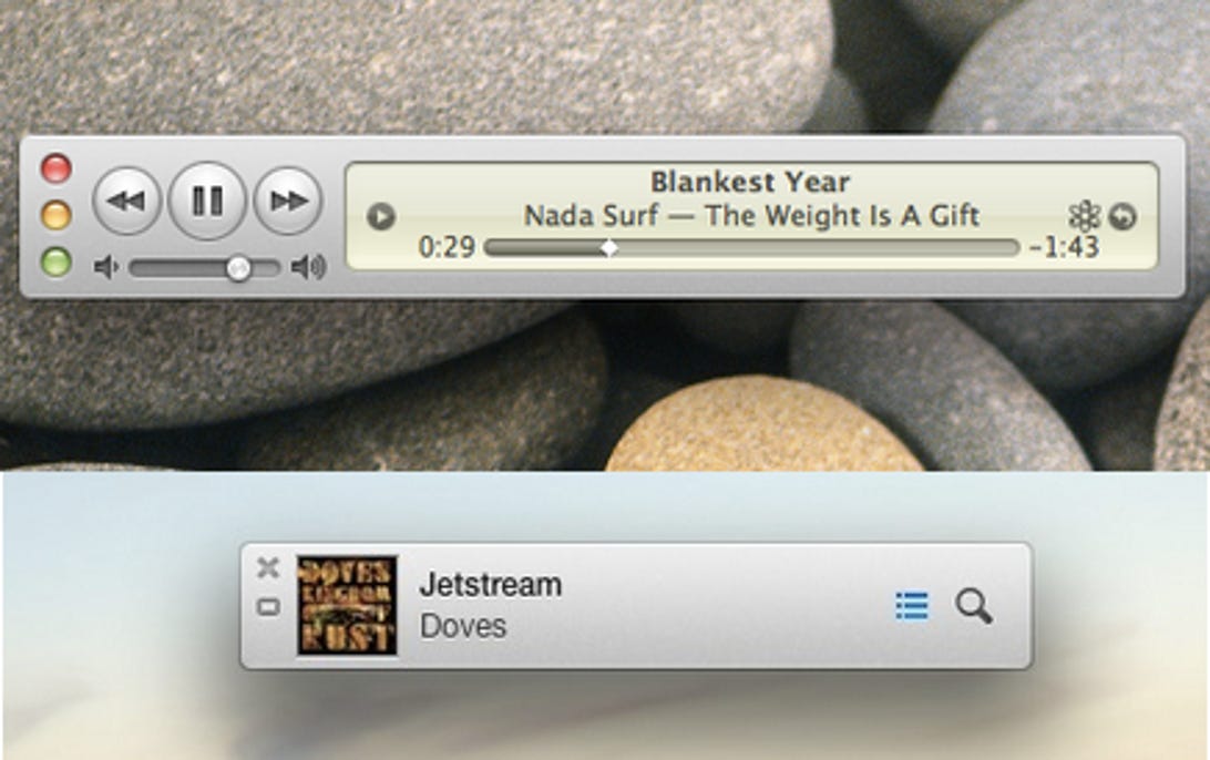 The mini player in iTunes 10.7 (top) and in iTunes 11 (bottom).