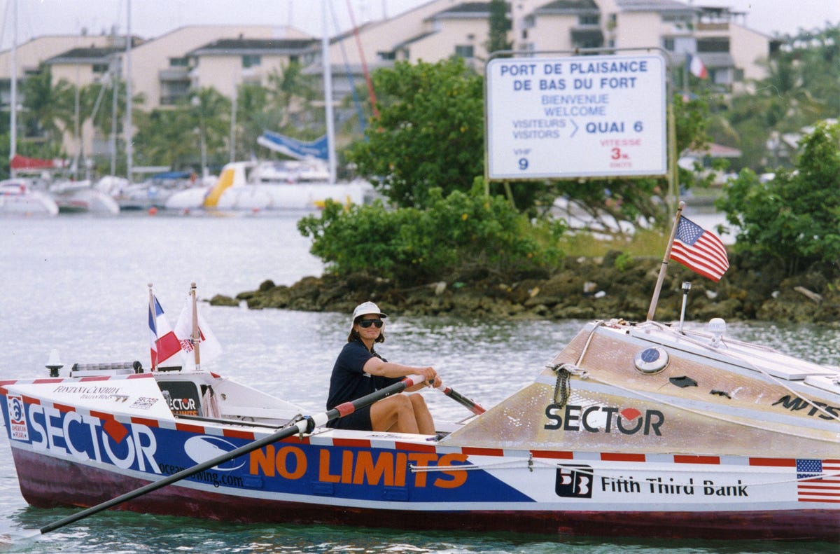 Tori Murden McClure in her rowboat near her final destination in Guadeloupe, after rowing 3,333 miles over 81 days.