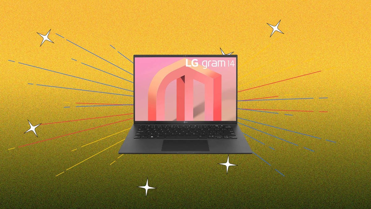An LG Gram 14 laptop is displayed against a yellow background.