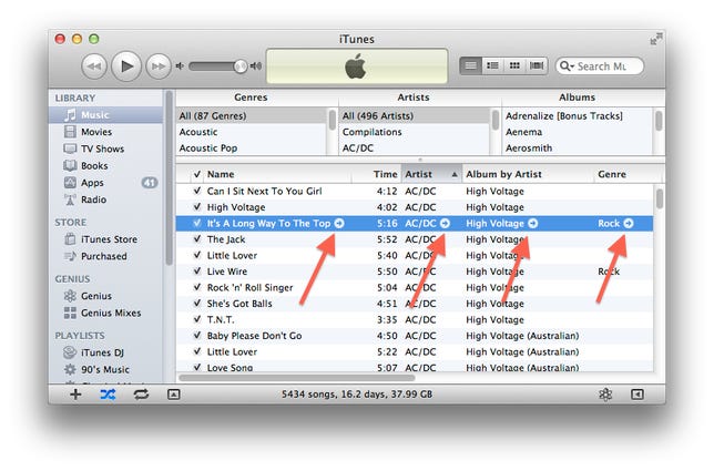 iTunes arrows and ping menu
