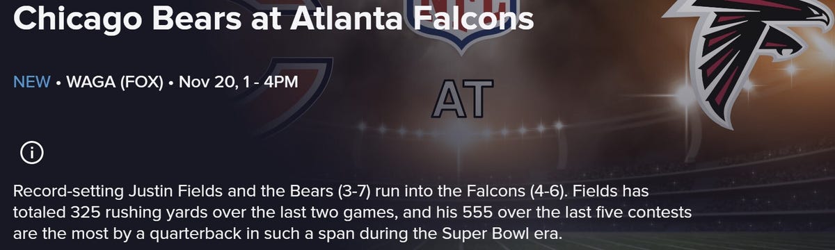 A TV program guide listing for the Bears vs. Falcons game.