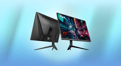 The front and back of a Pixio PX277 monitor against a blue background.