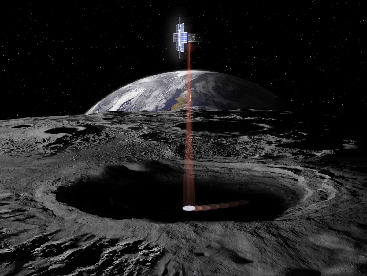 Illustration showing lunar flashlight in use over the moon's south pole.