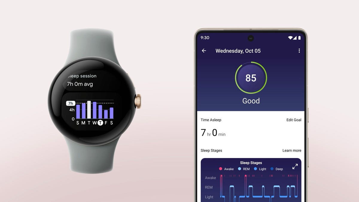 Sleep tracking shown on Pixel Watch and Fitbit app