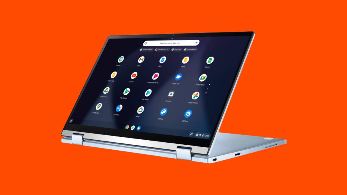 An open Asus Chromebook 2-in-1 against an orange background.