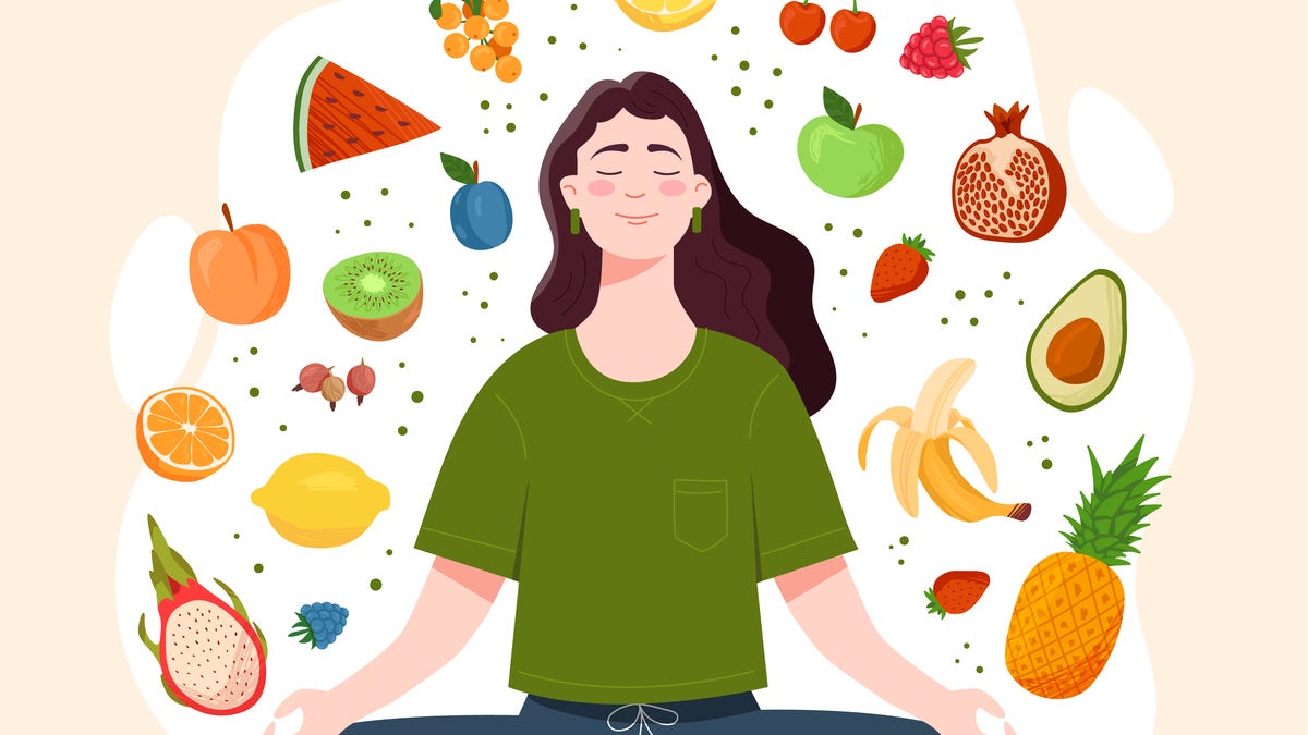 In an illustration, a young woman, surrounded by tasty and healthy vegetables and fruits, sits in lotus position.