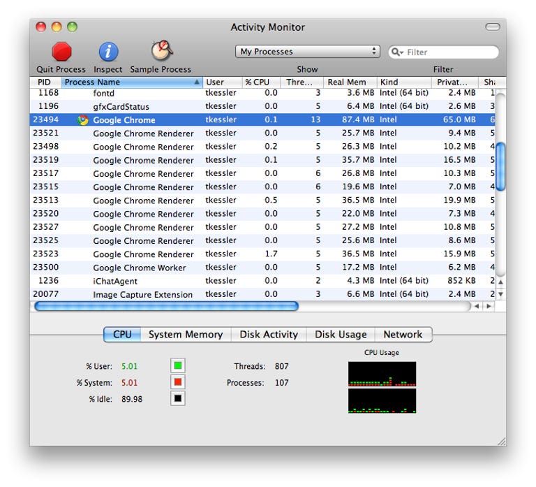 Image of Activity Monitor with multiple Chrome browser entries