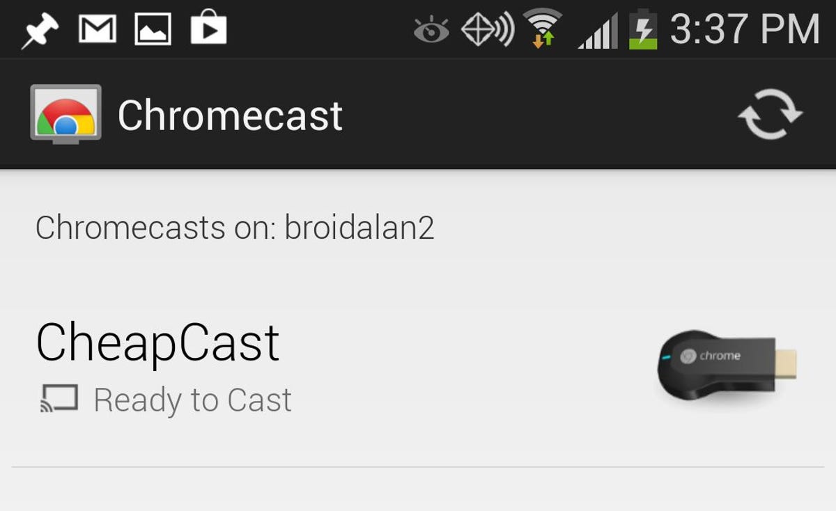 When the Chromecast app detects CheapCast running on another Android device, it'll treat it just like a Chromecast dongle.