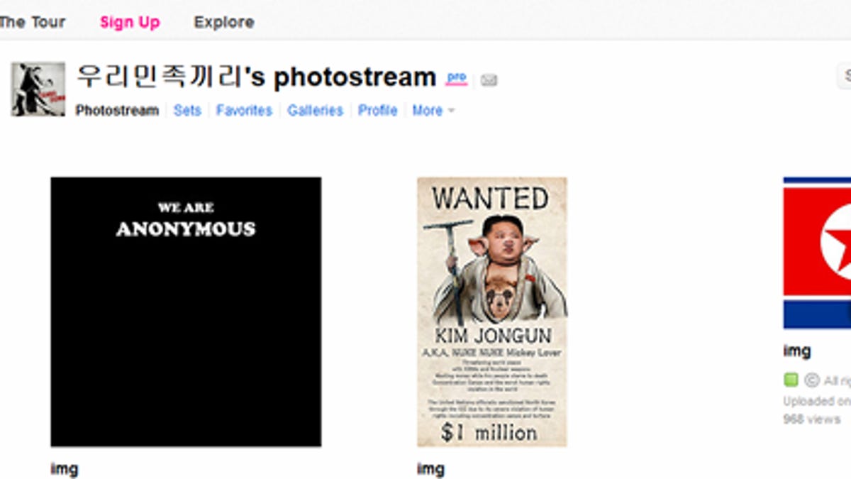 North Korea's Flickr account as hacked by Anonymous.