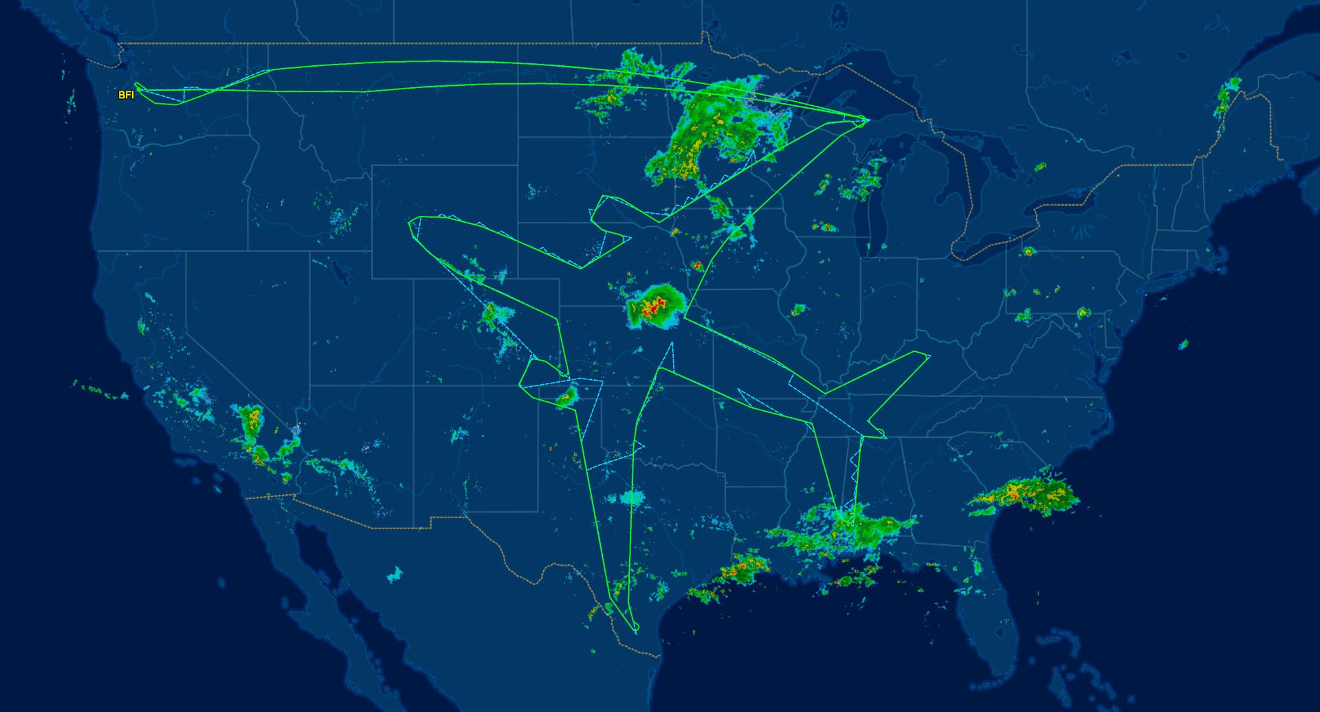 A Boeing Dreamliner jet's flight path drew the plane's outline.