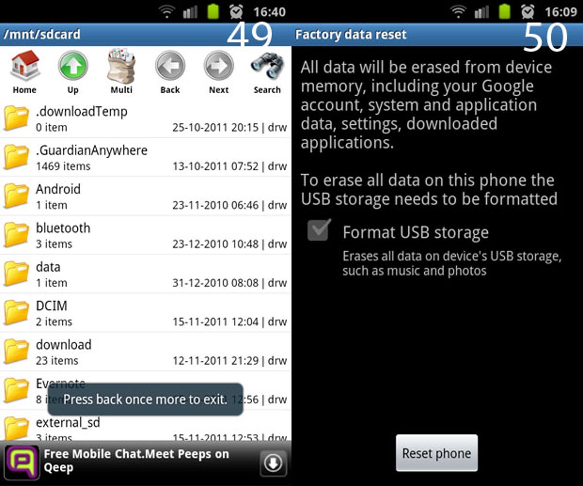 Android file manager, factory data reset