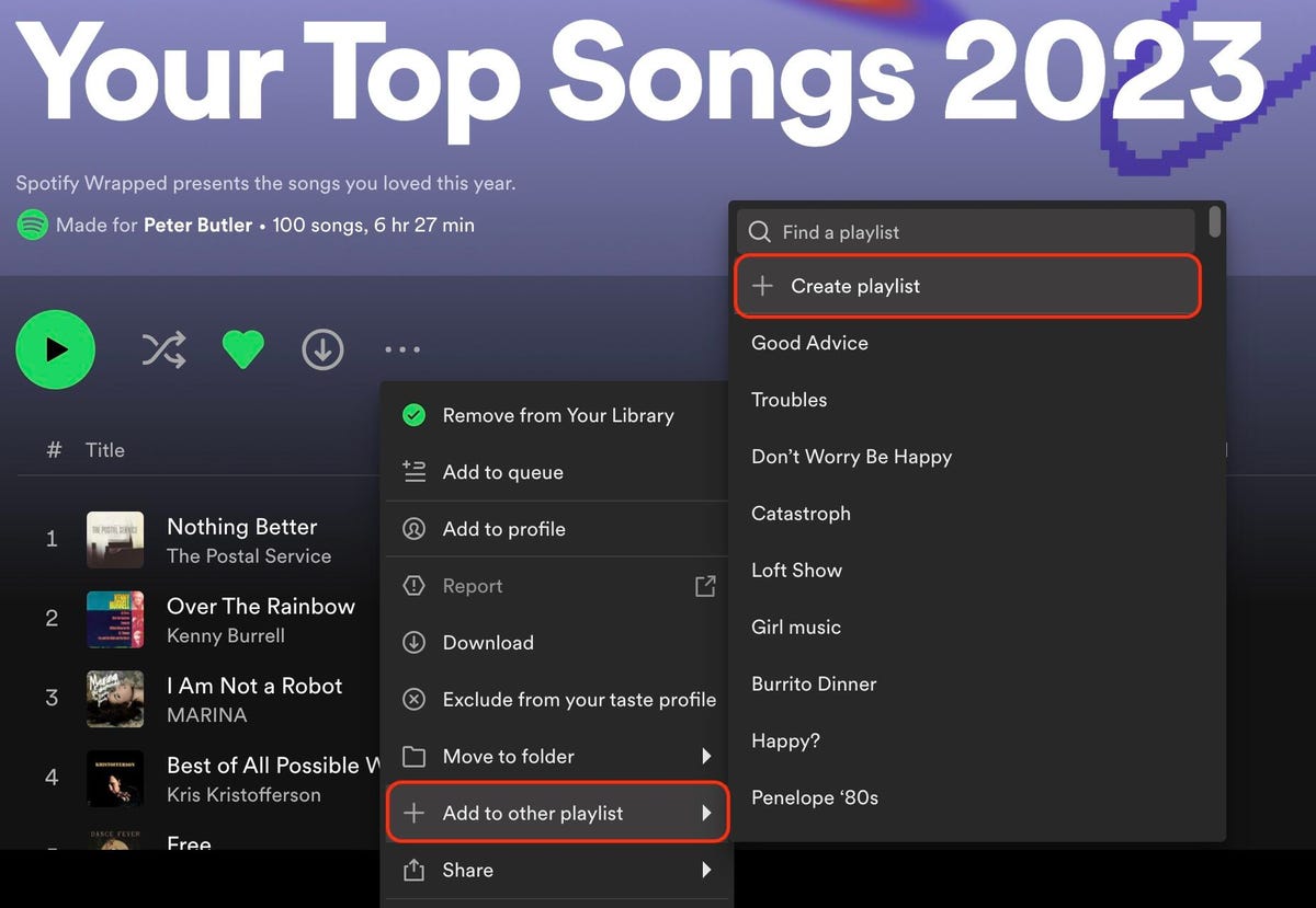 a screenshot of the Spotify desktop software, showing how to add a playlist to a new playlist