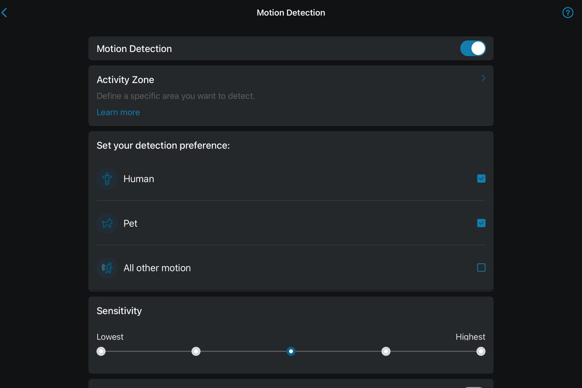 The motion settings on the Eufy app.