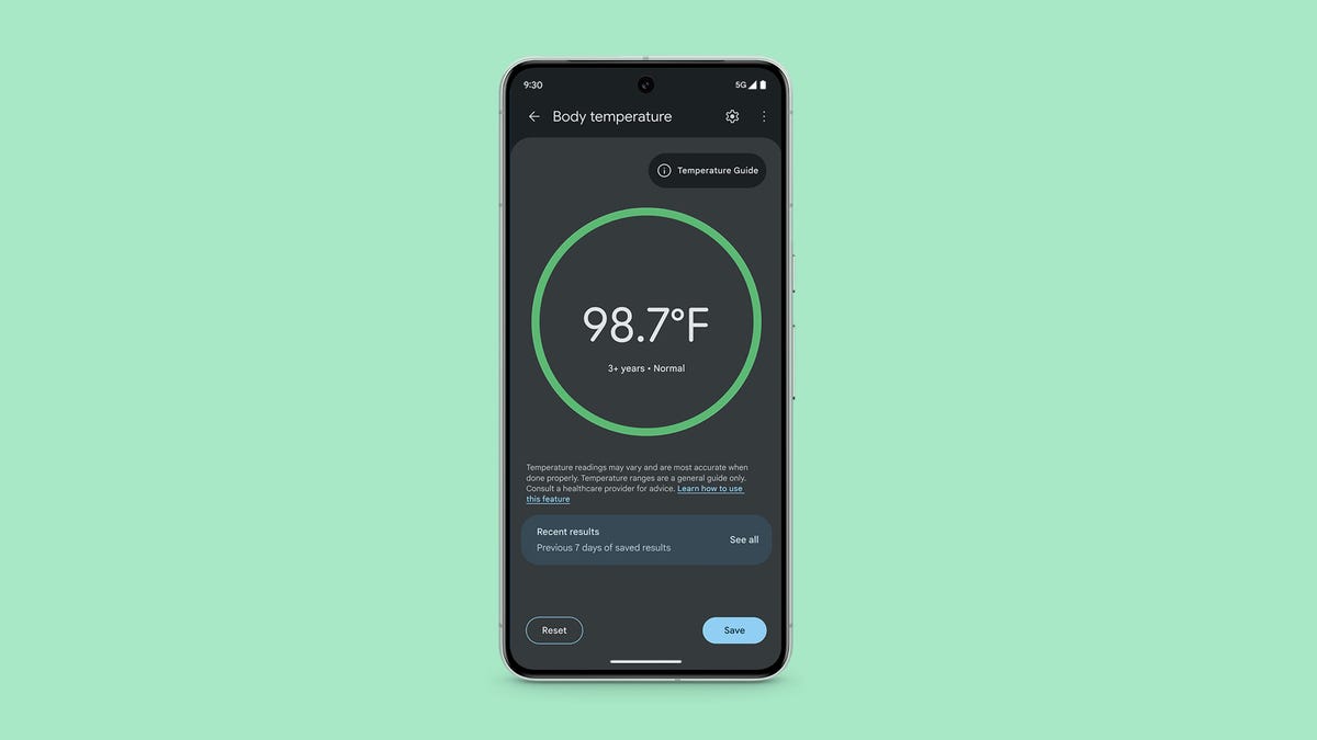 A Pixel 8 Pro with the Thermometer app open