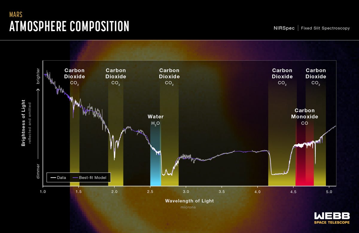Graphic details Webb's data on Mars' atmospheric composition, highlighting water, carbon dioxide and carbon monoxide.