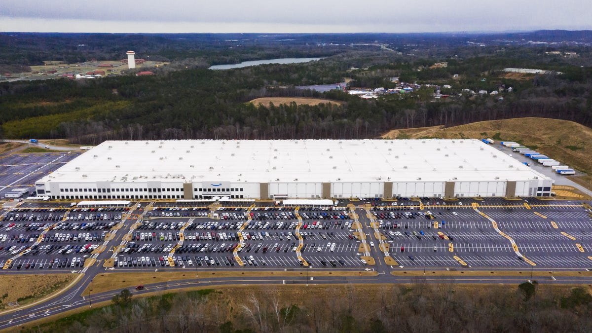 Aerial view of the Amazon warehouse in Bessemer, Alabama