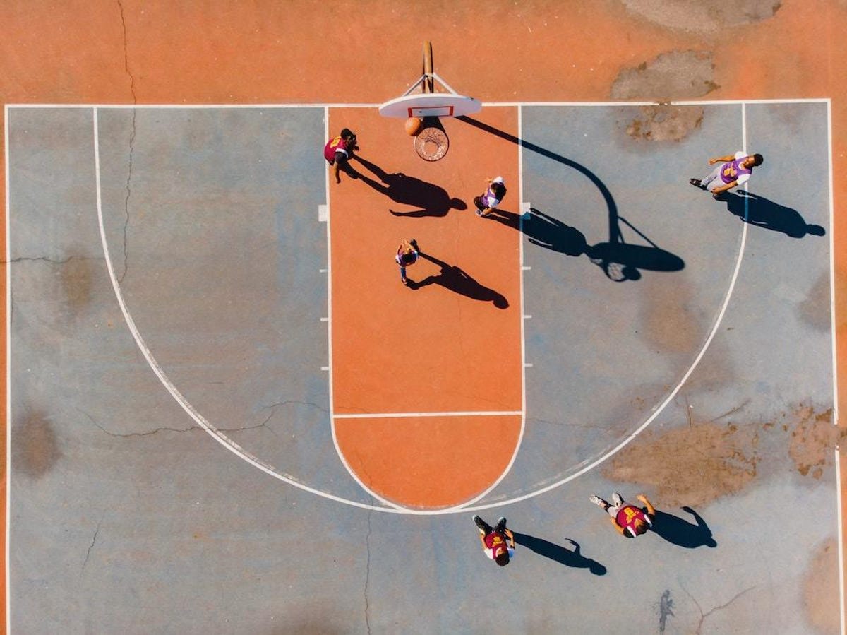 overhead shot of a 3-on-3 basketball game