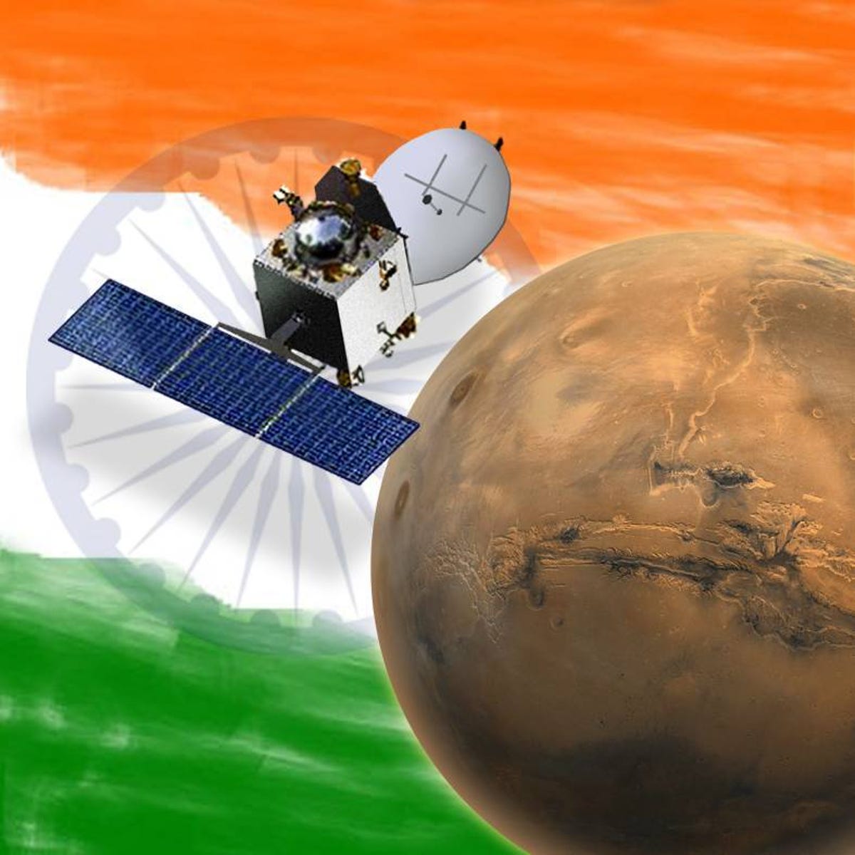 Se ve una bandera india en el fondo, sobre la cual se ve a Mangalyaan con Marte.