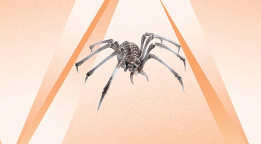 A giant Halloween skeleton spider is displayed against an orange background.