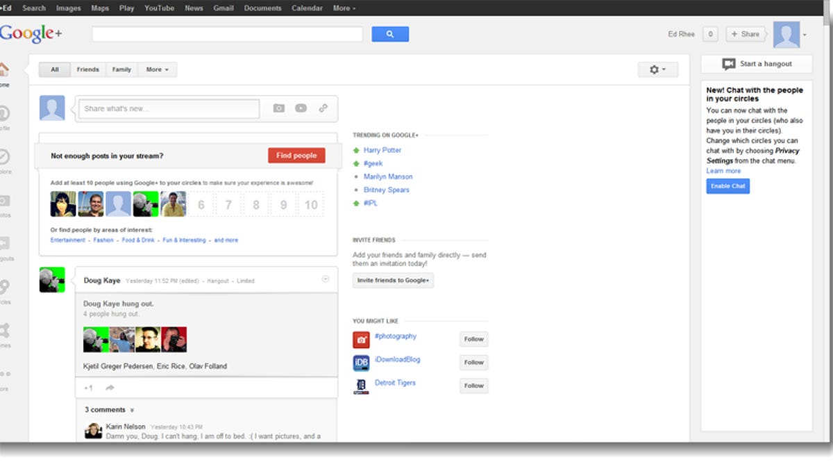 Google+ layout, left-justified