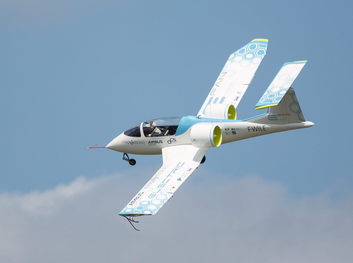 The Airbus E-Fan flying over the Farnborough International Airshow in the UK.