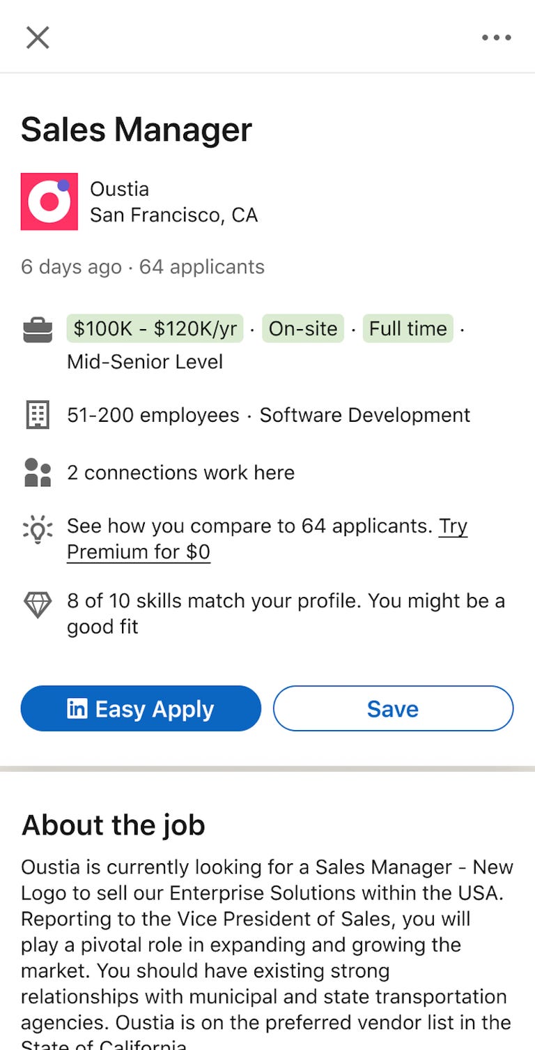 A sales manager job posting with preferences highlighted in green near the top of the job post