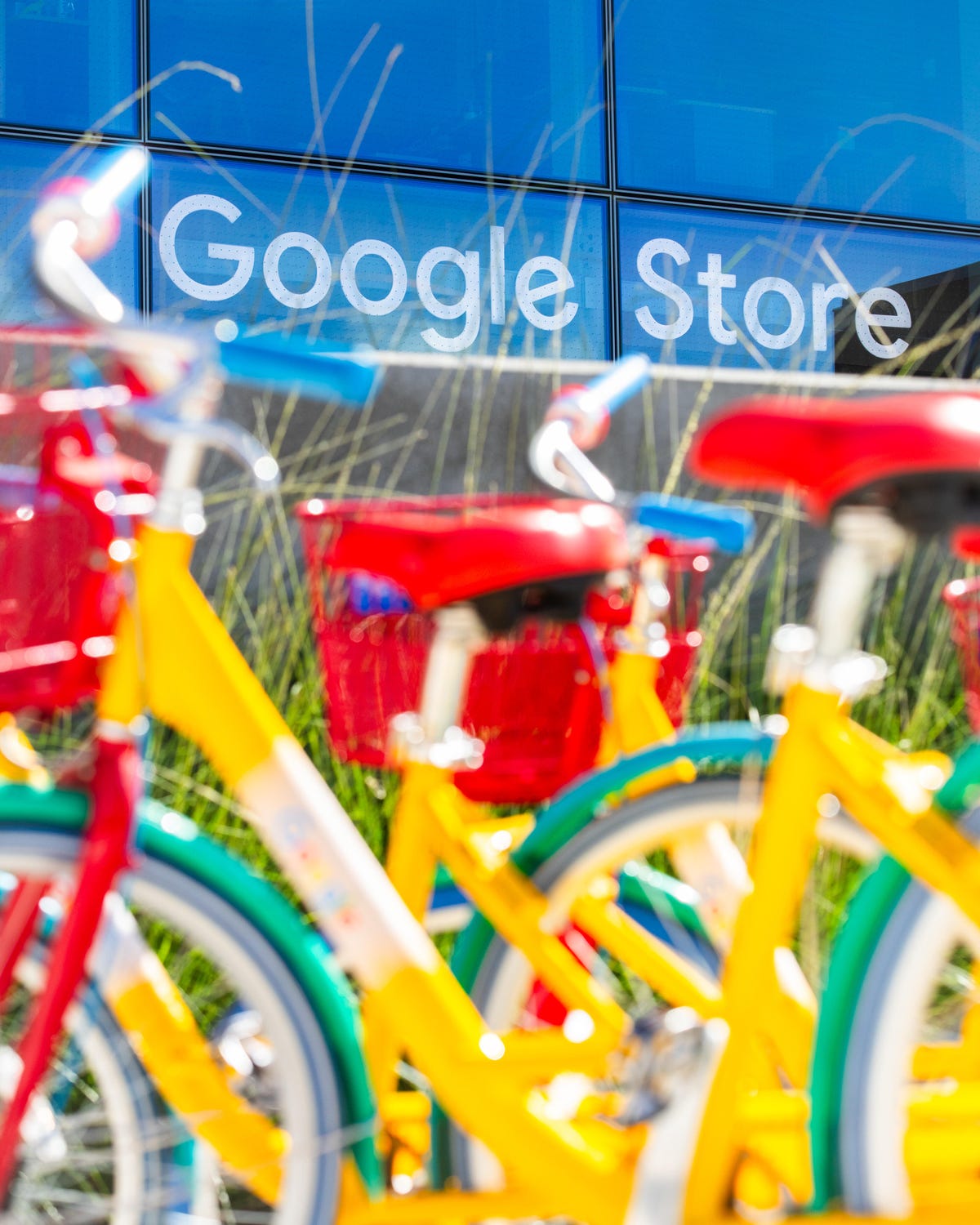 Google bikes parked in front of the Google Retail Store in Mountain View, Calif.,