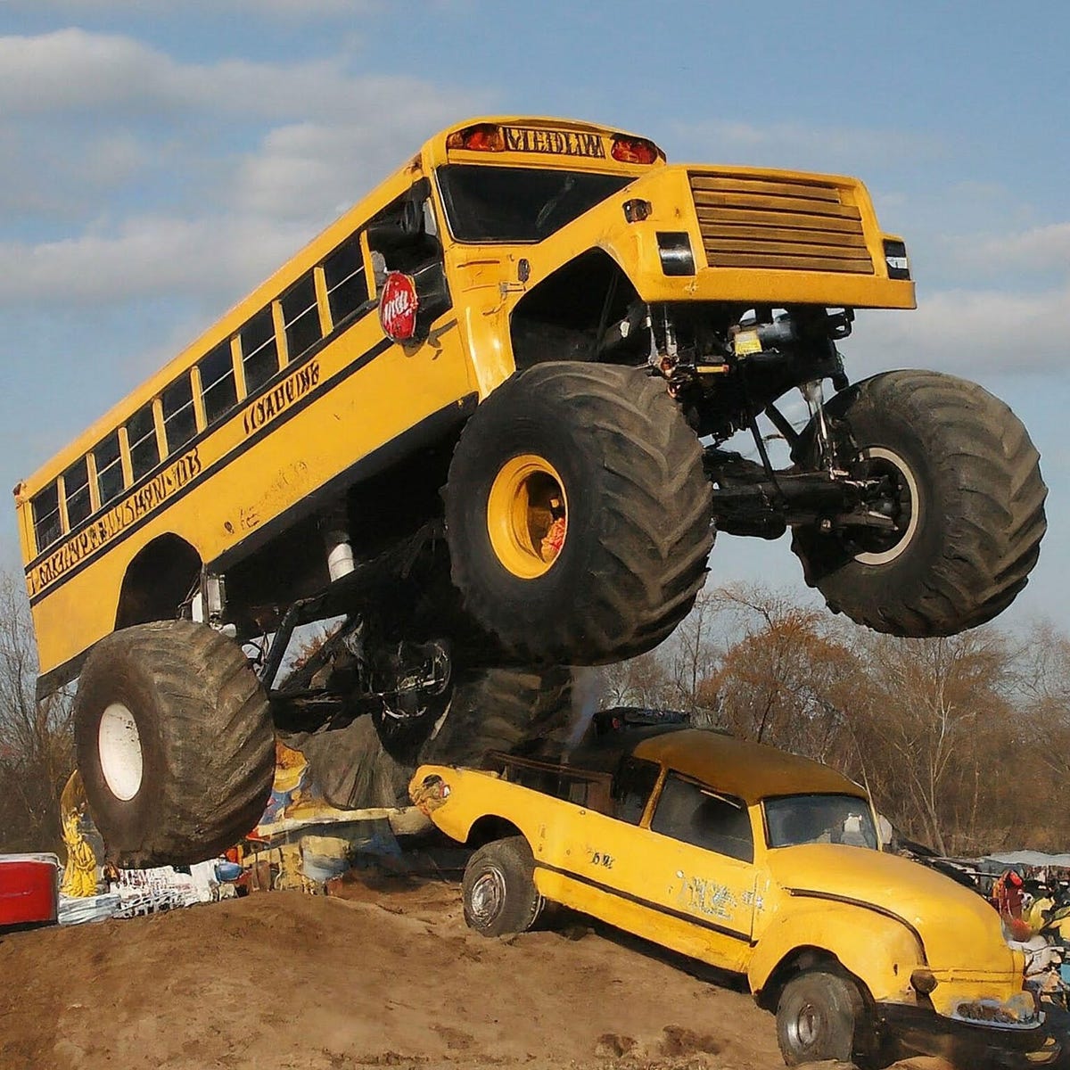 An AI-generated image of a yellow monster bus jumping over a truck.