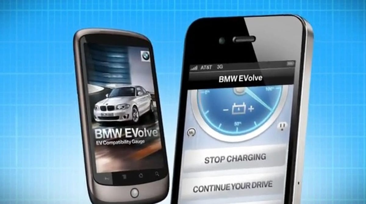 The BMW Evolve app has settings that let you track a trip's distance and hypothetically "get charged" at destinations that offer EV recharging.