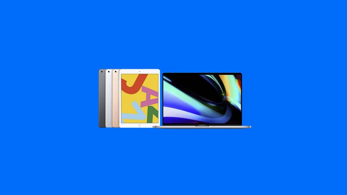 Apple iPads and an Apple MacBook are displayed against a blue background.