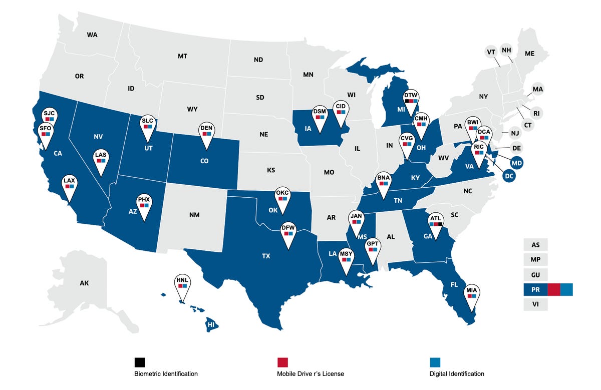 Map of airports that accept mDLs