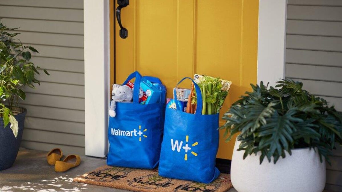 Walmart Plus delivery bags filled with groceries sit on the porch right outside the front door.