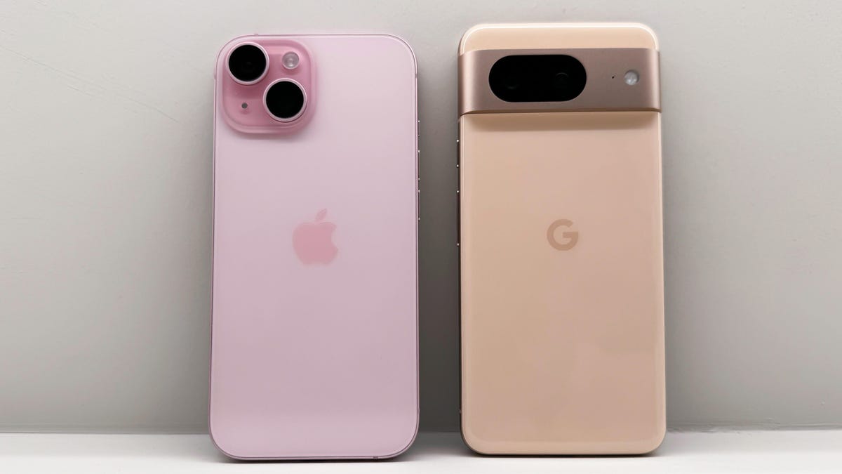 The pink iPhone 15 and the Pixel 8 in rose.