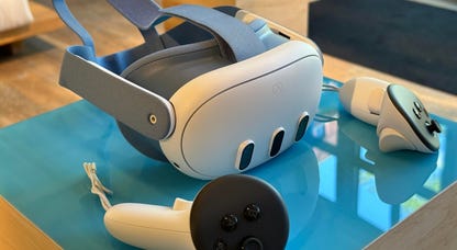 A white VR headset on a table: the Quest 3
