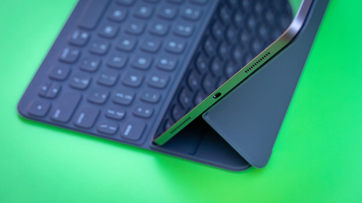 Apple's 2018 iPad Pro, shown here with the optional and Smart Folio Keyboard, gets a USB-C port.
