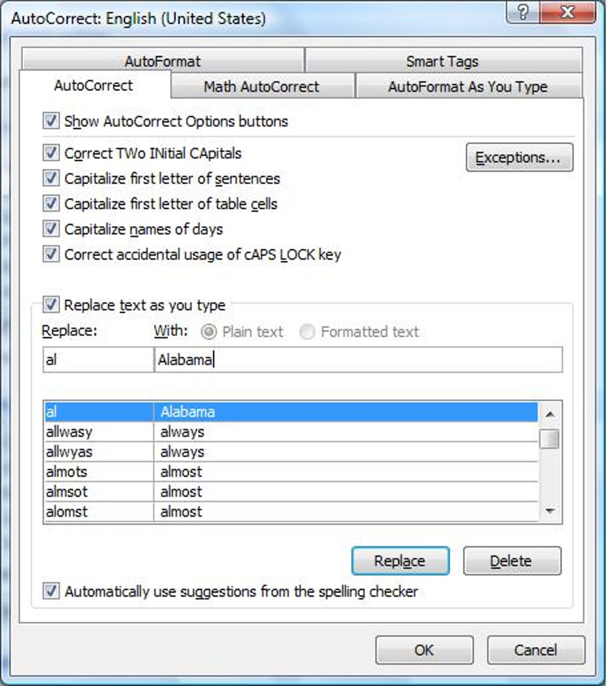 Microsoft Word 2007 AutoCorrect Options dialog box