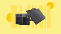 The EcoFlow Delta Max portable power station and a solar panel are displayed against a yellow background.