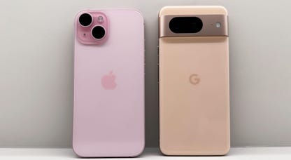 The pink iPhone 15 and the Pixel 8 in Rose.