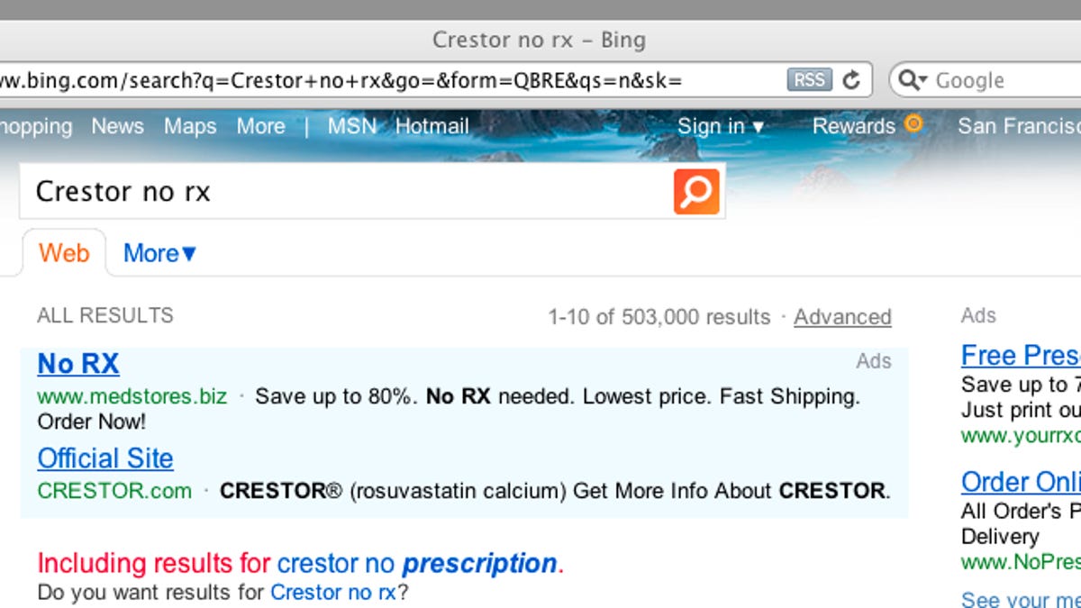 Caption: Cholesterol pill advertisement on Microsoft&apos;s Bing for no-prescription Web site that ships from India.