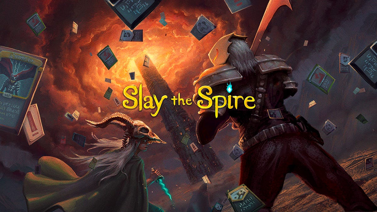 Slay the Spire Plus title card showing a person in the foreground and a tower surrounded by a storm in the background