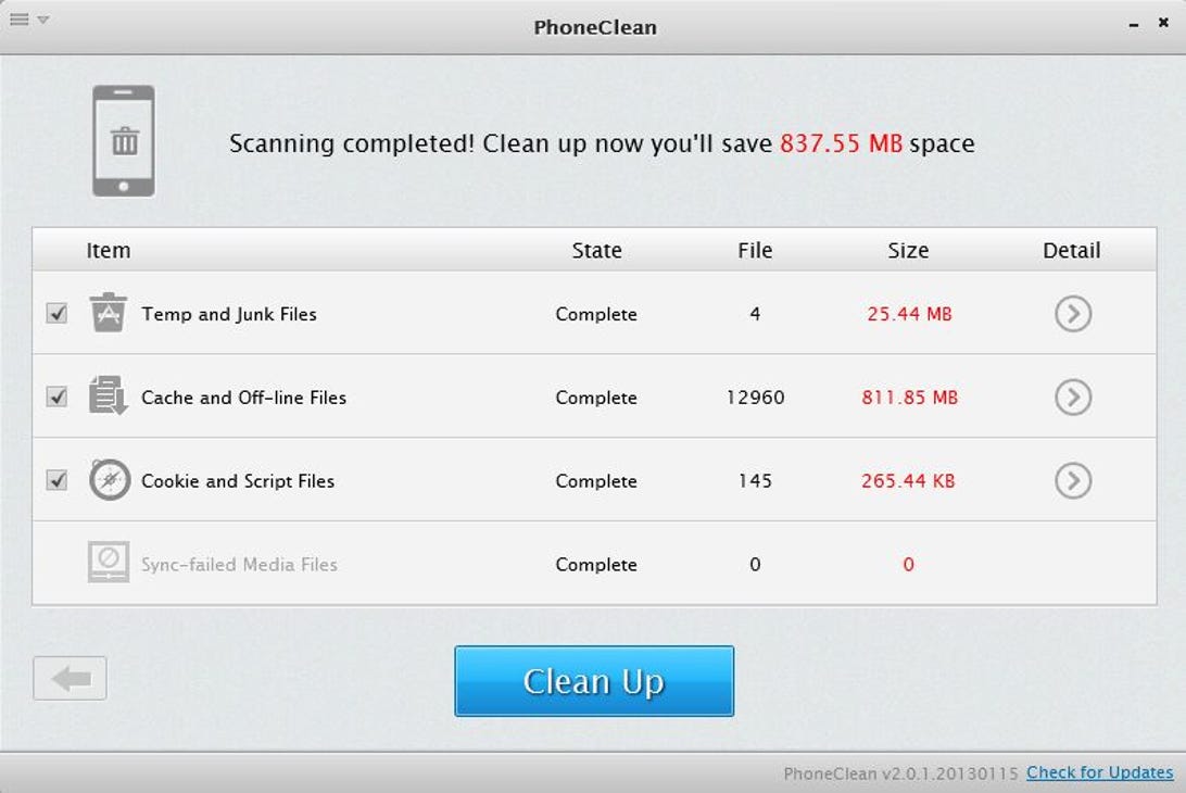 Here's what PhoneClean found on my iPhone 4S.