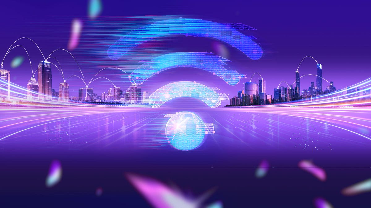 An artistic image of a blue Wi-Fi symbol flickering in front of a purple-hued cityscape.