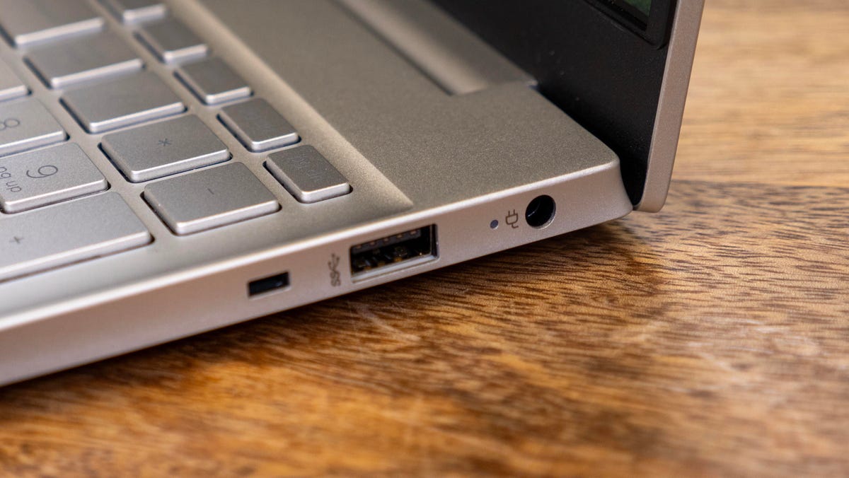 A close up of the HP Pavilion 15's power input on the rear left side of the laptop.