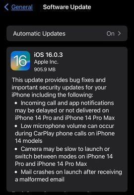 Informações de atualização do iOS 16.0.3