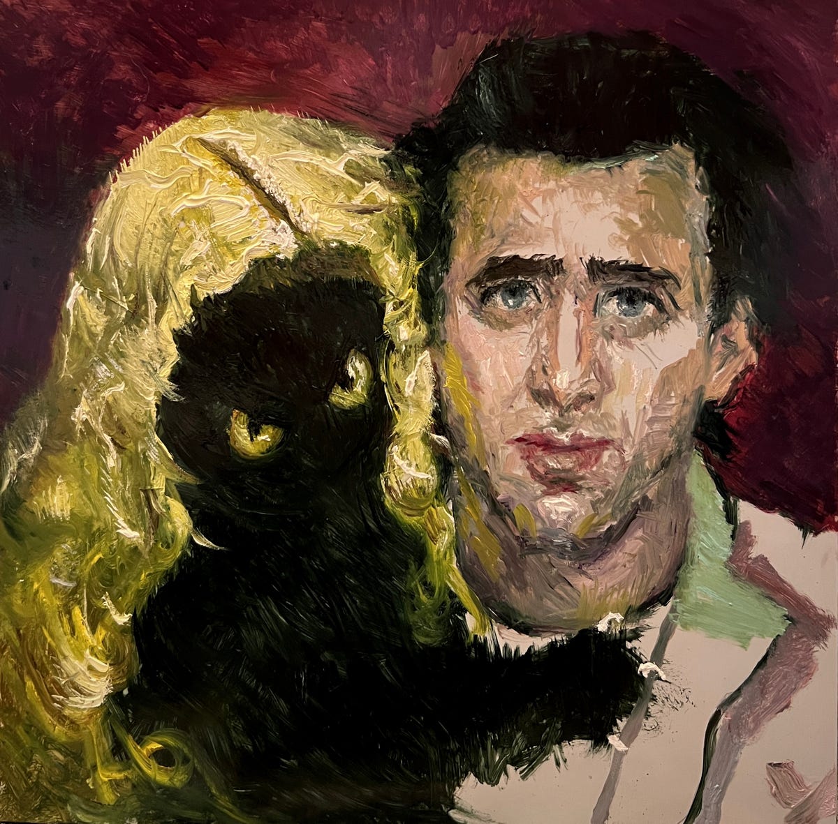 The oil painting Wild at Art shows Nic Cage embraced by a yellow-eyed black cat