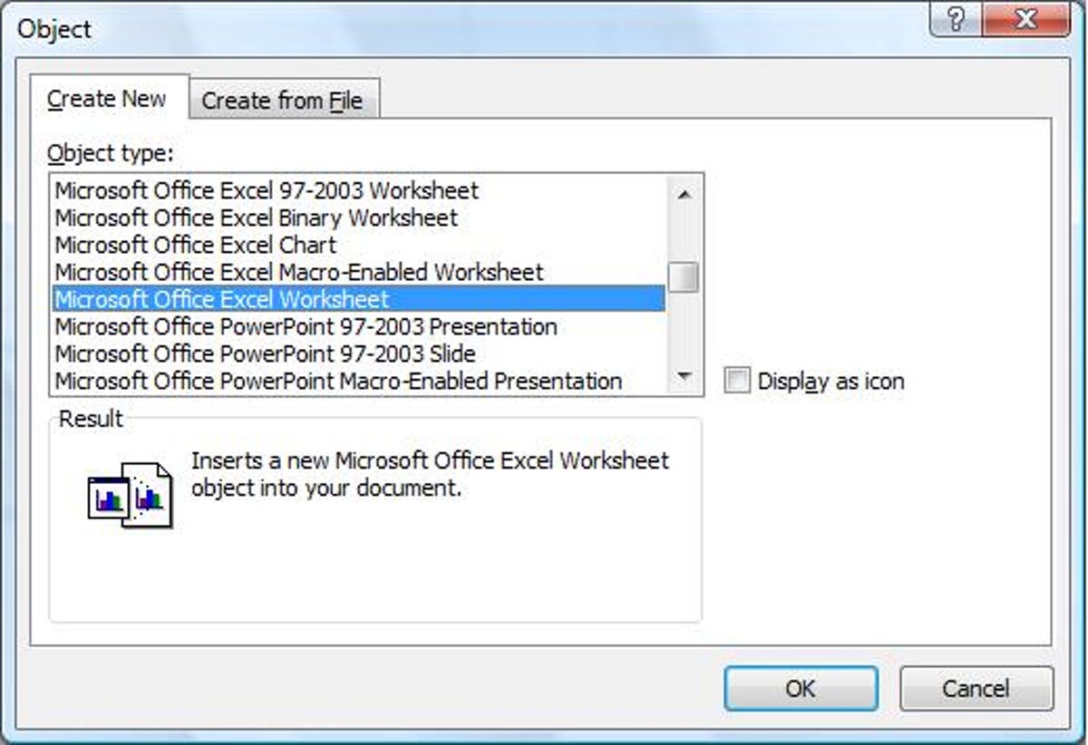 Microsoft Word 2007's Insert Object dialog box