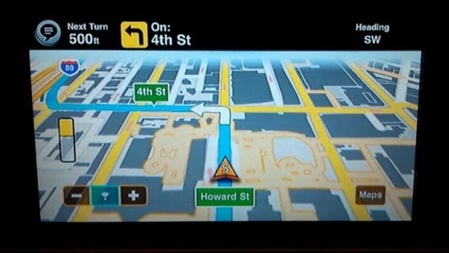 After beginning a route on the smartphone, Motion-X GPS Drive can then use AppRadio's display to present interactive maps with turn-by-turn directions.