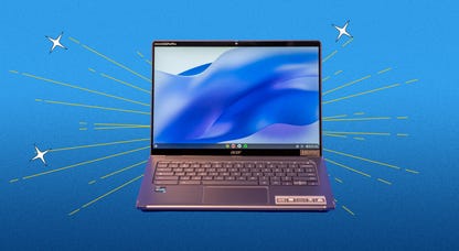 Acer Chromebook Spin 714 on a blue background.