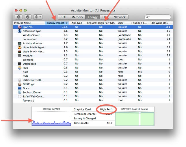 Activity Monitor's Energy tab in OS X Mavericks